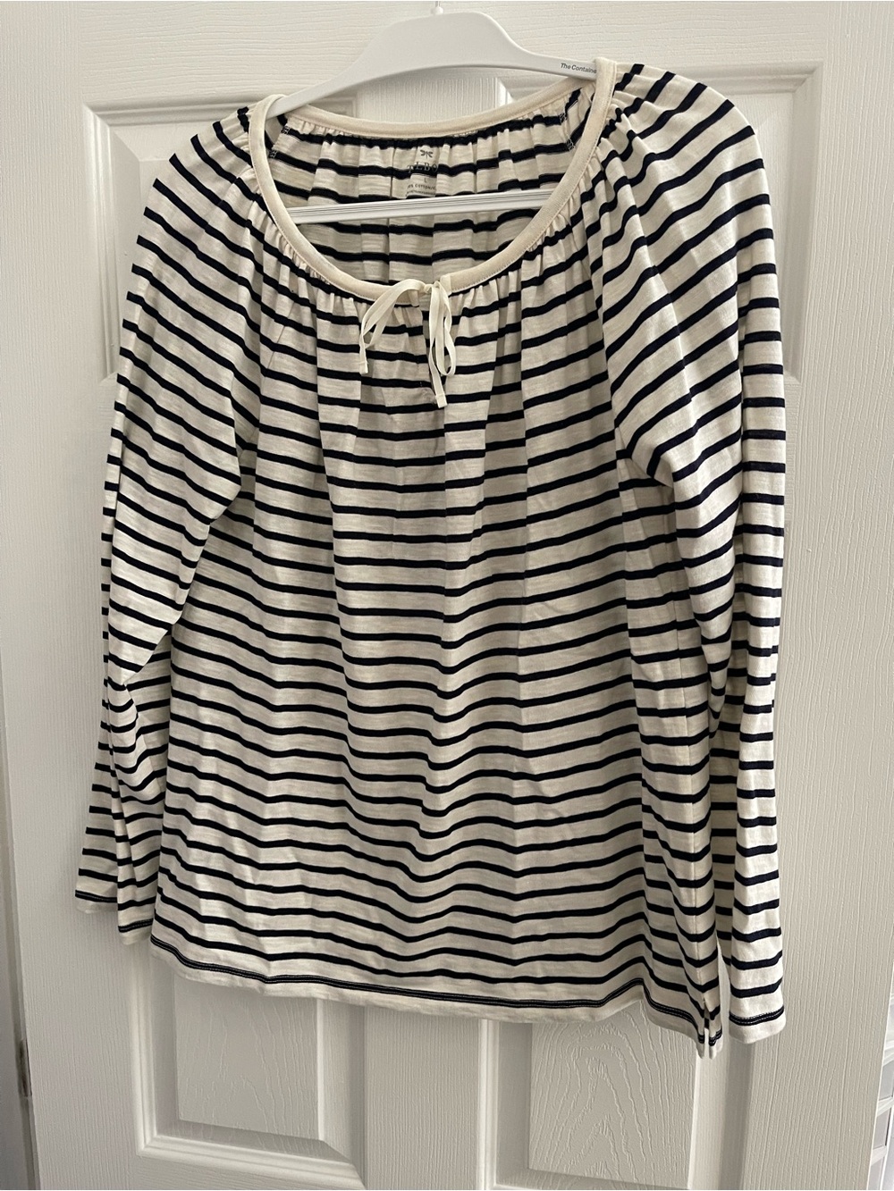 Talbots Cream and Black Striped Long Sleeve Tie-Neck Top